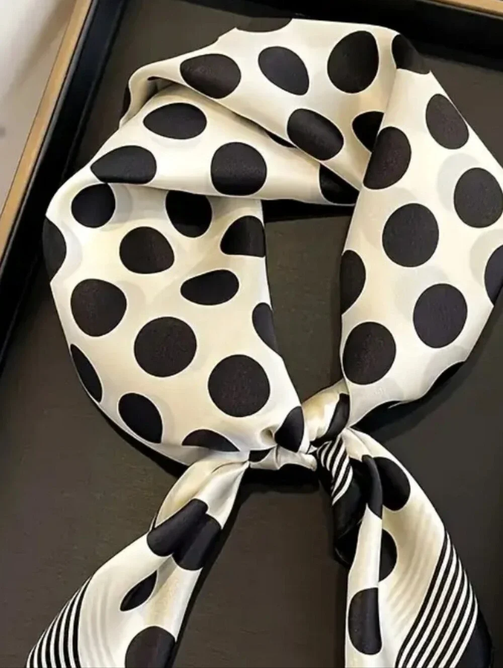 Silk-feel Black and Cream Polka Dot  Scarf Head Scarf, Neck Scarf